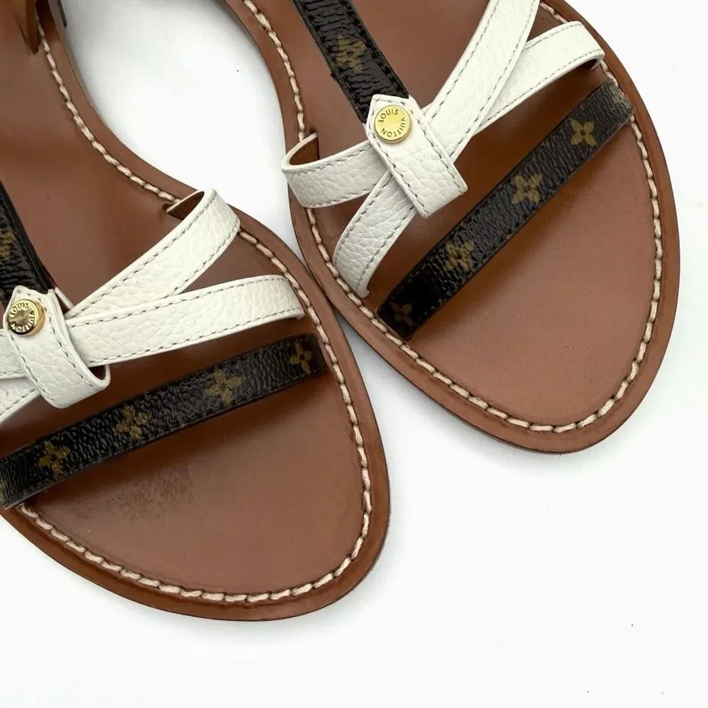 LOUIS VUITTON Explorer Flat Sandal Size 37 Cognac Brown White Monogram Flower